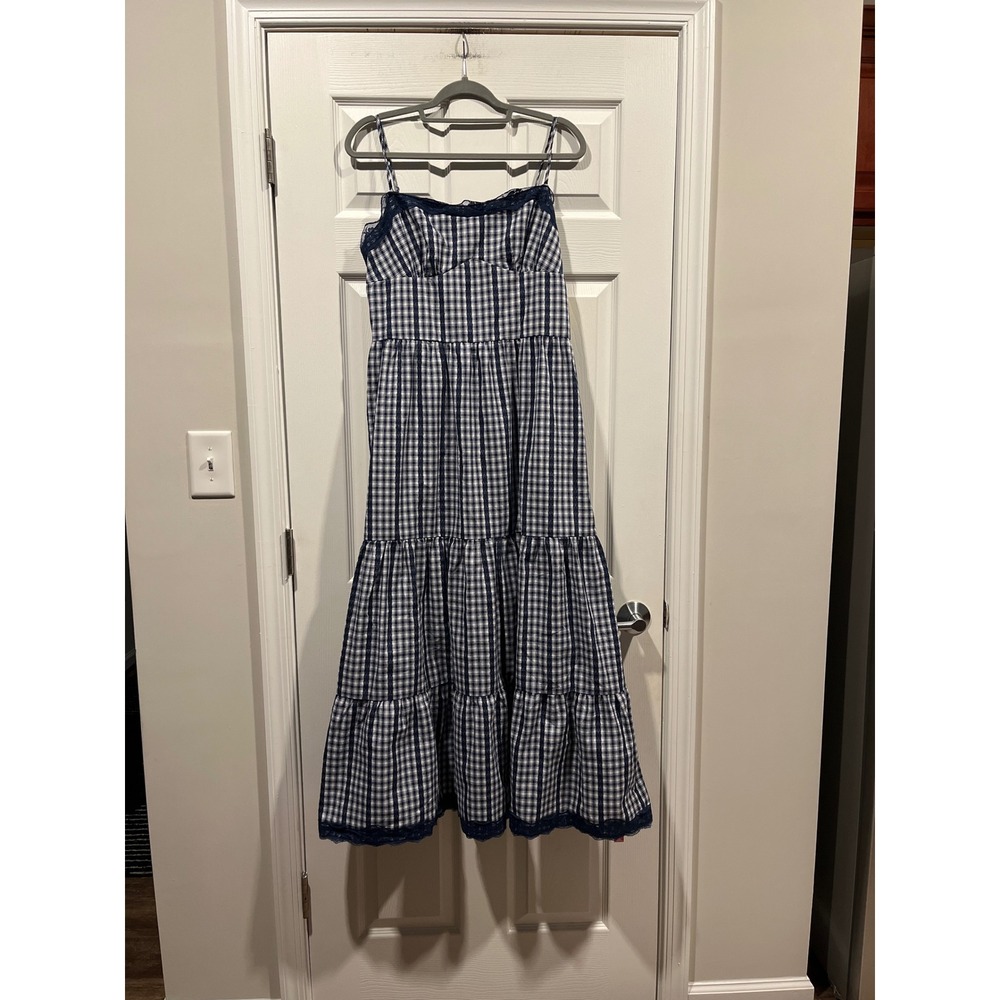 Cider Blue Gingham Lace Trim Tiered Maxi Dress XL Cottagecore Smocked Back NEW‎